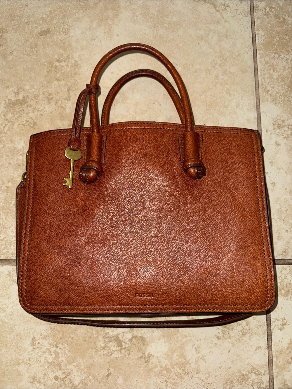 Fossil Cognac Leather Satchel with Key Charm